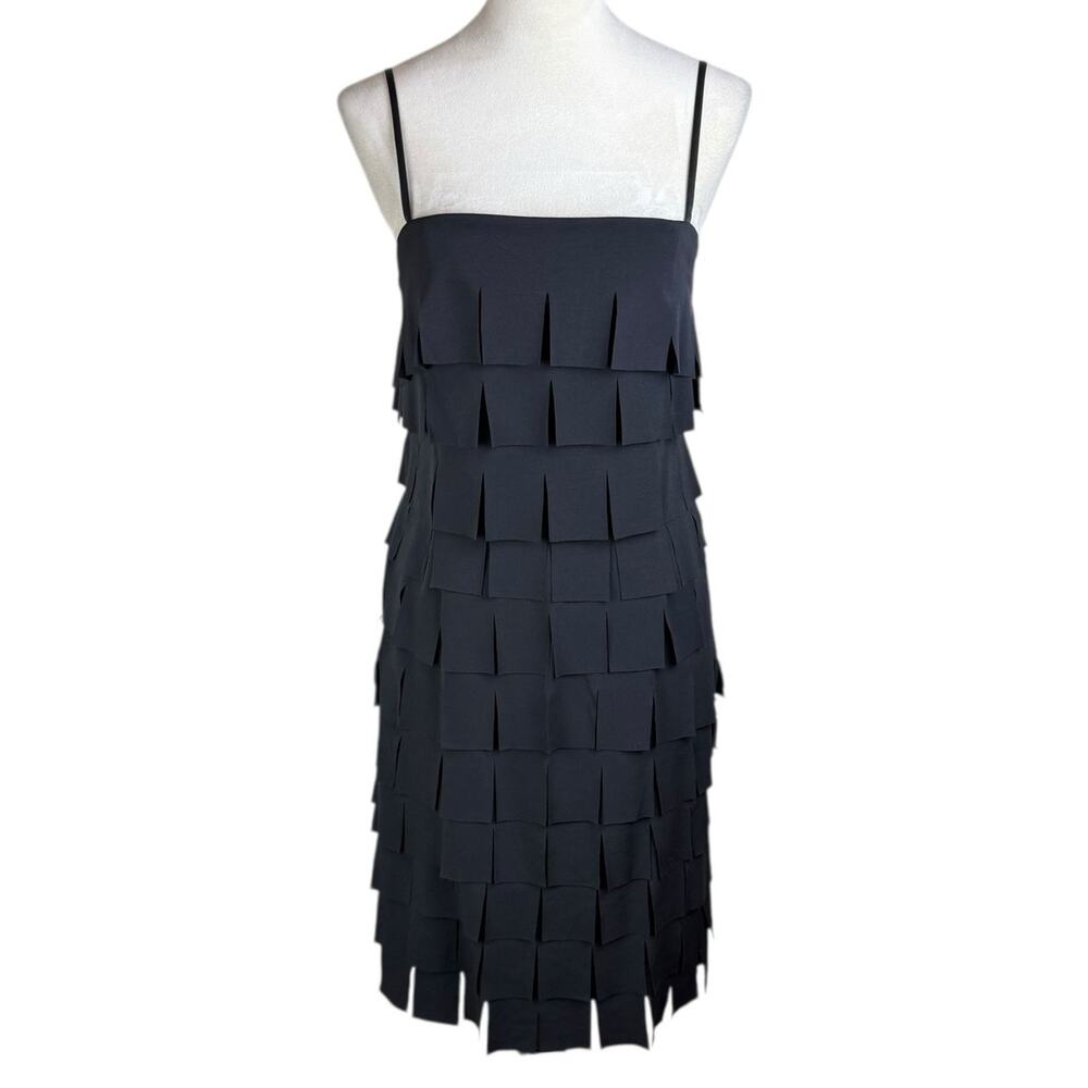 Cache 8 Black Square Ruffle Square Neck Spaghetti Strap Lined Zip Sheath Dress